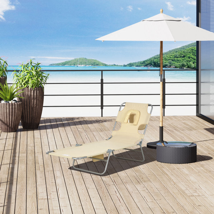 Outsunny Folding Beach Lounge Chair With Face Hole And Arm Slots, 5 Level Adjustable Sun Lounger Tanning Chair With Pillow For Patio, Garden, Beach, Pool, Beige