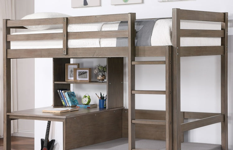 Modern Transitional Twin Over Workstation Loft Bed With Storage Box Attached Ladder Workstation And Bookcase, Warm Grey
