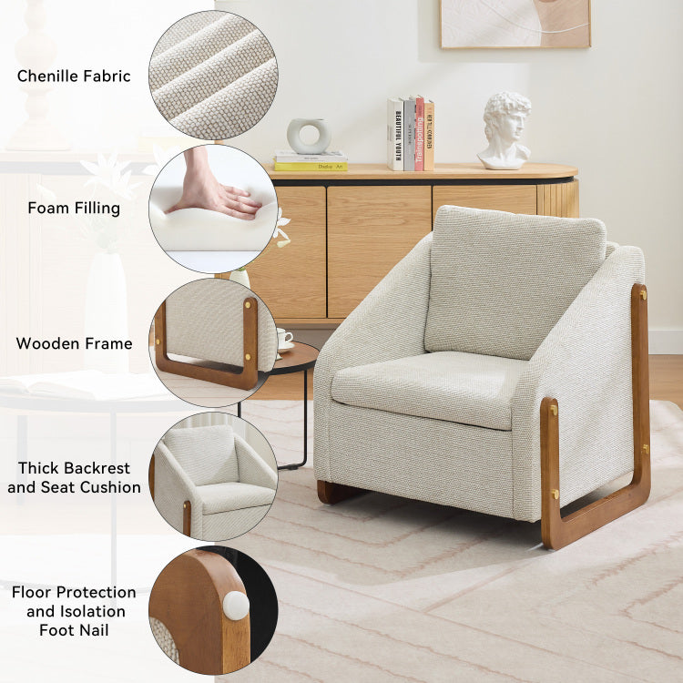 057 Set Of 1 Chenille Fabric Modern Upholstered Armchair With Wooden Side Frame , Accent Leisure Chair With Cushioned Seat And Backrest For Living Room, Bedroom,Beige