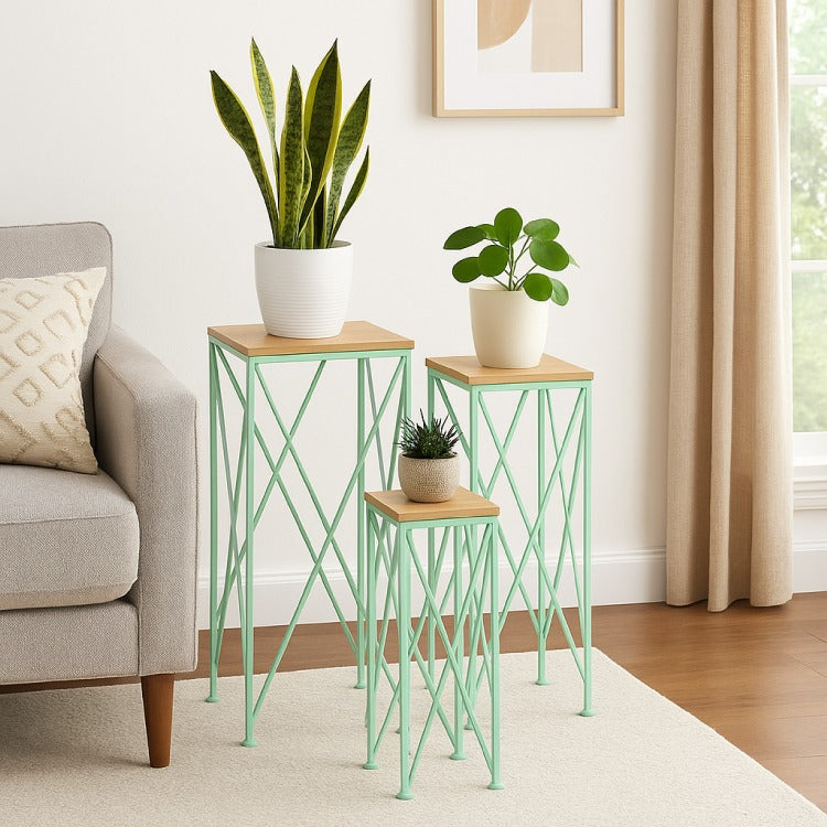 Mito 3Pc Nesting Plant Stand Table, Brown Wood, X Cross Green Metal