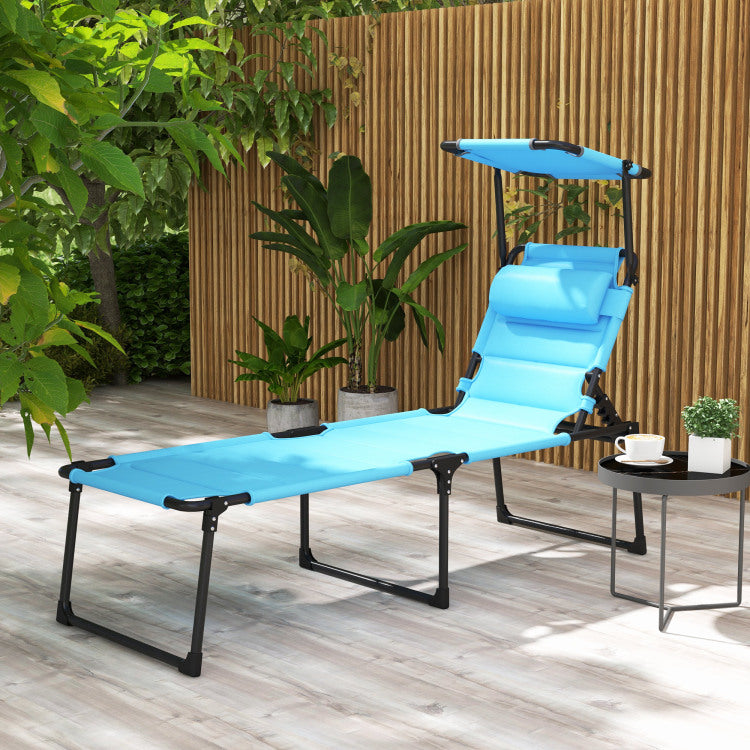 Outsunny Outdoor Lounge Chair, Adjustable Backrest Folding Chaise Lounge, Cushioned Tanning Chair W Sunshade Roof & Pillow Headrest For Beach, Camping, Hiking, Light Blue