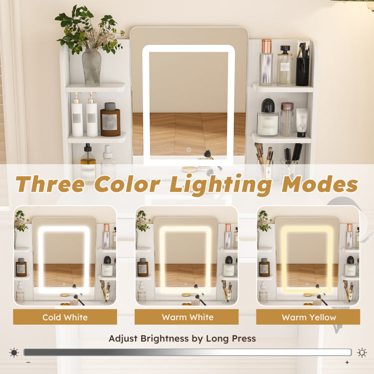 Led Mirror Vanity Dressing Table With Lights For Women & Girls 3 Color Adjustable Light Strips, 2 Large Drawers, Hair Dryer Stand & Non Woven Storage Bag, Makeup Desk Bedroom Furniture