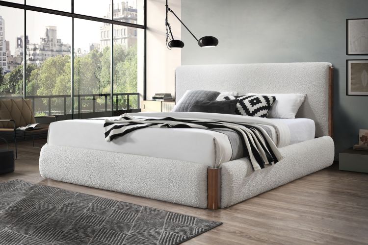 Sandro White Boucle & Walnut Finish Ek Bed