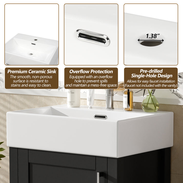 20.28'' Black Modern Bathroom Vanity With Ceramic Sink, Solid Wood Frame, And Drawer Ideal For Small Bathrooms