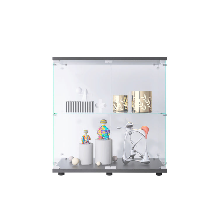 2 Layer Glass Display Cabinet With 2 Doors, Curio Cabinets, Glass Display Cabinet Showcase Countertop With Lock, Tempered Glass With Mdf Base