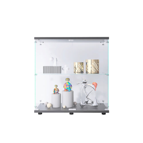 2 Layer Glass Display Cabinet With 2 Doors, Curio Cabinets, Glass Display Cabinet Showcase Countertop With Lock, Tempered Glass With Mdf Base