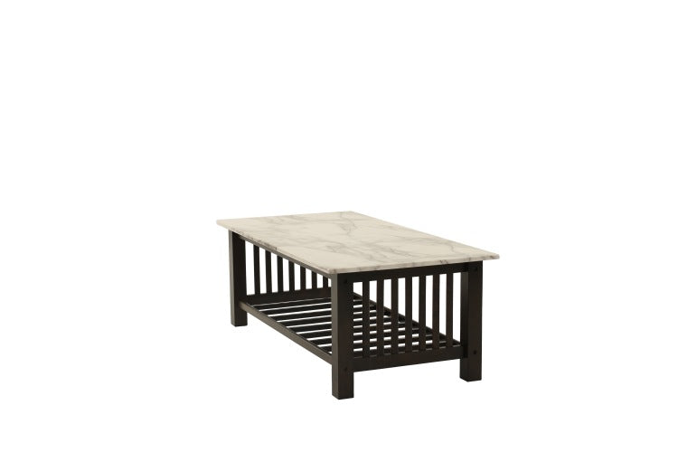 Modern Contemporary 1Pc Coffee Table Faux Marble Top Antique Walnut Solid Legs Open Storage Shelf Occasional Table Living Room