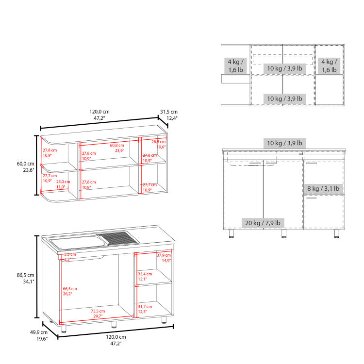 Kitchen Cabinet Set, 6 Doors, 9 Shelves, White Kitchen