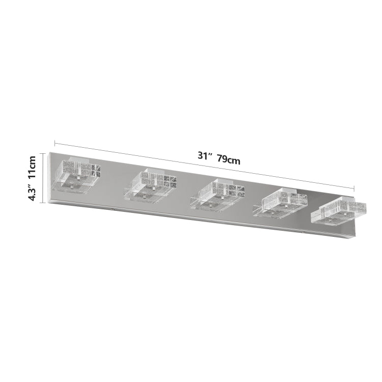 31" Modern Chrome 5 Light Led Vanity Light, Square Acrylic Lampshades Wall Mount Fixture For Bathroom, Mirror Lighting