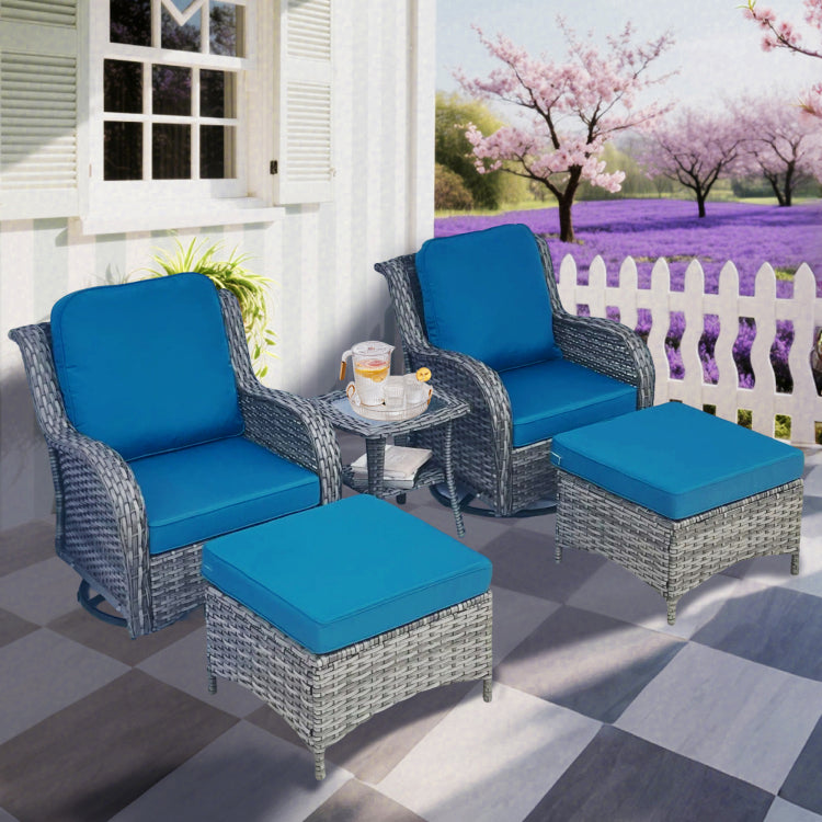 Wicker Patio Furniture Set 5 Piece Rattan Outdoor Sectional Conversation Sets With 2 Swivel Rocking Chairs,2 Ottomans And 1 Side Table For Porch Deck Garden