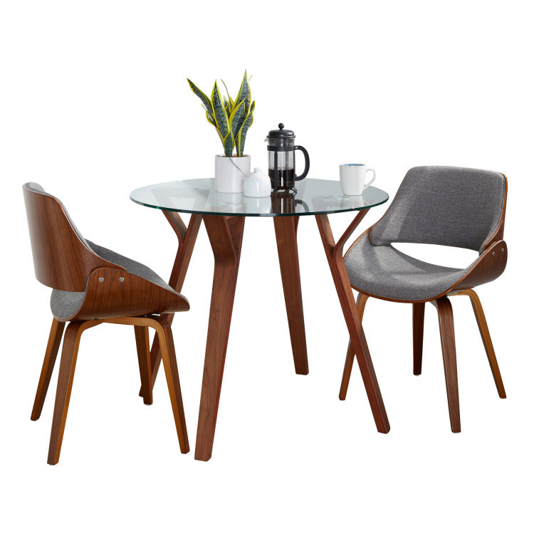 Folia Round Fabrizzi Mid Century Modern Dining Set In Walnut Wood, Round Clear Tempered Glass And Grey Fabric By 3 Piece
