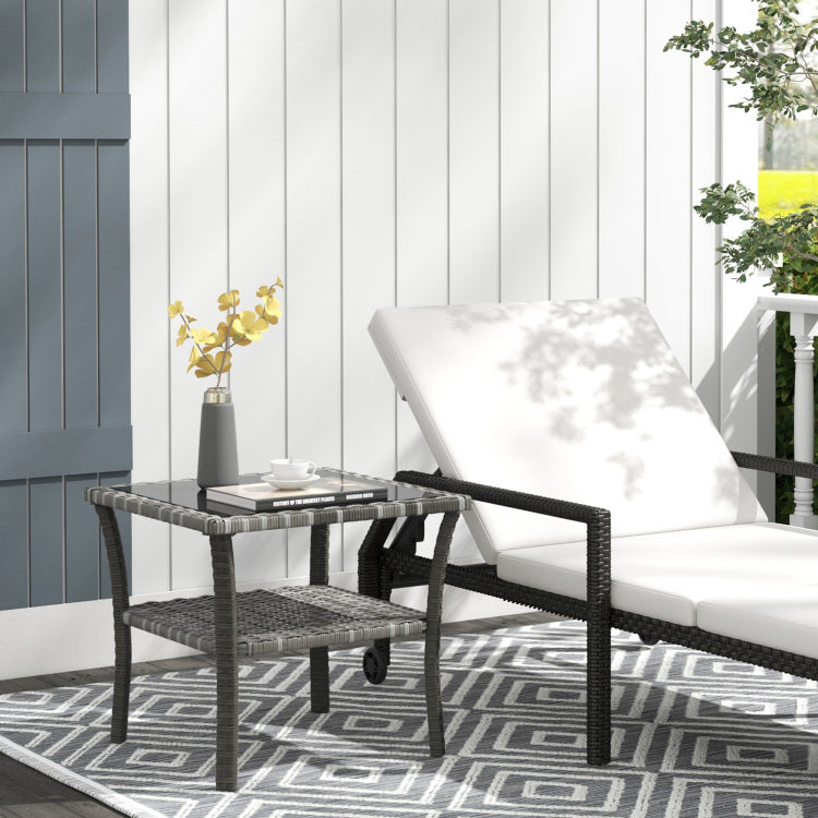 Outsunny Rattan Side Table, Outdoor End Table With Storage Shelf, Aluminum Frame Square, Coffee Table With Tempered Glass Top, Mixed Gray