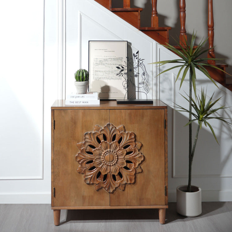 Rustic Hand Carved Wooden 2 Door Cabinet Boho Accent Storage Cabinet With Floral Design, Solid Wood Sideboard For Living Room, Entryway, Or Bedroom