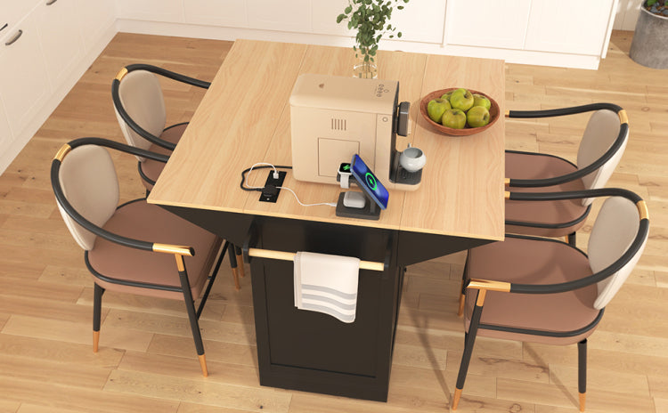 K&K 55.7'' Large Kitchen Island With 2 Drop Leaf, Rolling Kitchen Cart On 5 Wheels With Power Outlet, Folding Storage Dining Table With Spice & Towel Rack , 3 Drawers, For Kitchen, Dining Room,Black