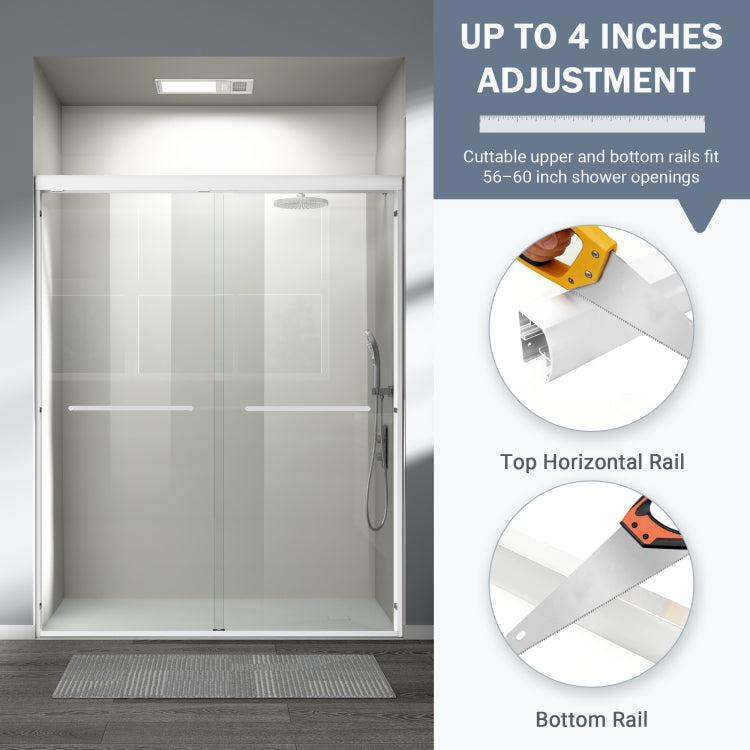 56 60 In. W X 72 In. H Double Sliding Shower Door, Semi Frameless Bathroom Sliding Door With 1 4" 6Mm Tempered Glass For Walk In Shower, White Cm 24D03 60Whx