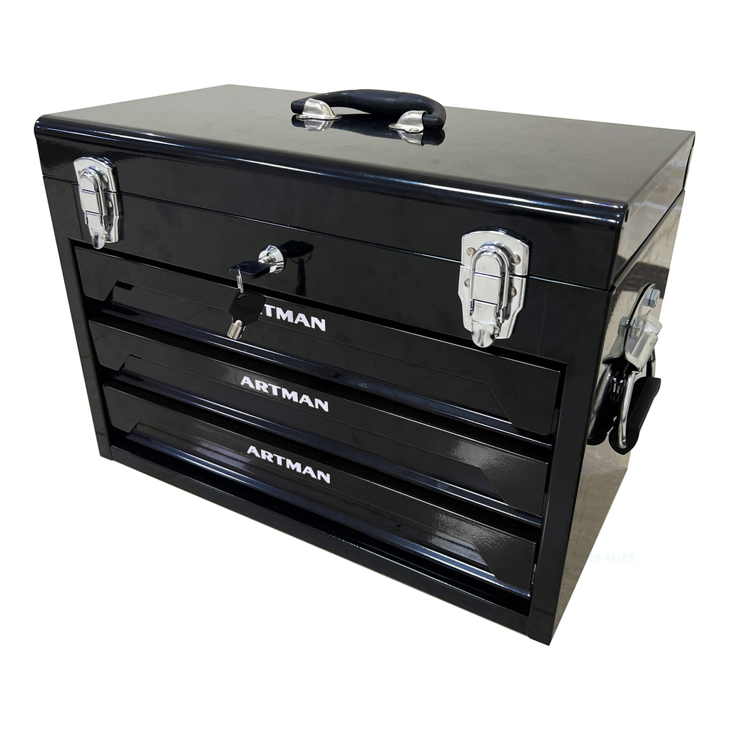 20'' Portable 3 Drawer Steel Toolbox, 4 Layers Of Tools With Metal Latches, With Top Storage Tray And Carrying Handle, Multi Function Tool Storage For Garage, Home, Or Workbench,Black