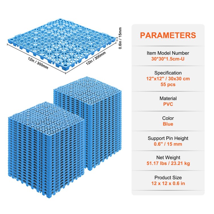 Interlocking Tile 55Pcs Blue, Drainage Tiles 12" X 12" Splicing, Pvc Interlocking Drainage Floor Tiles, Non Slip Drainage Holes For Restroom, Bathroom, Kitchen, Pool, Wet Areas, Blue