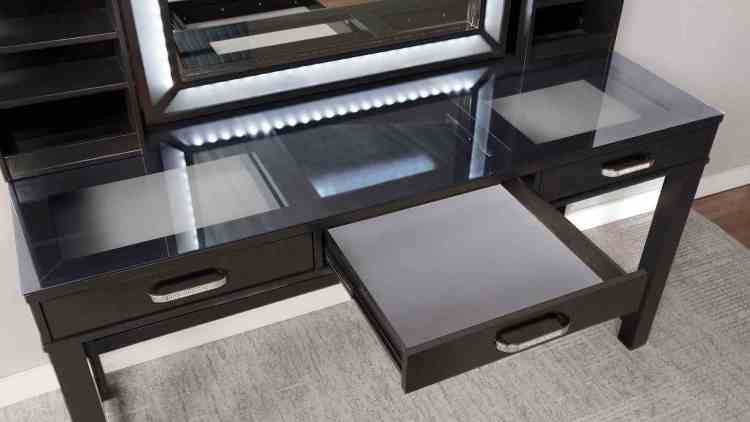 Glam Style 1Pc Vanity W Stool Set Tempered Glass Top Central Mirror Storage Drawers Padded Stool Obsidian Gray Finish