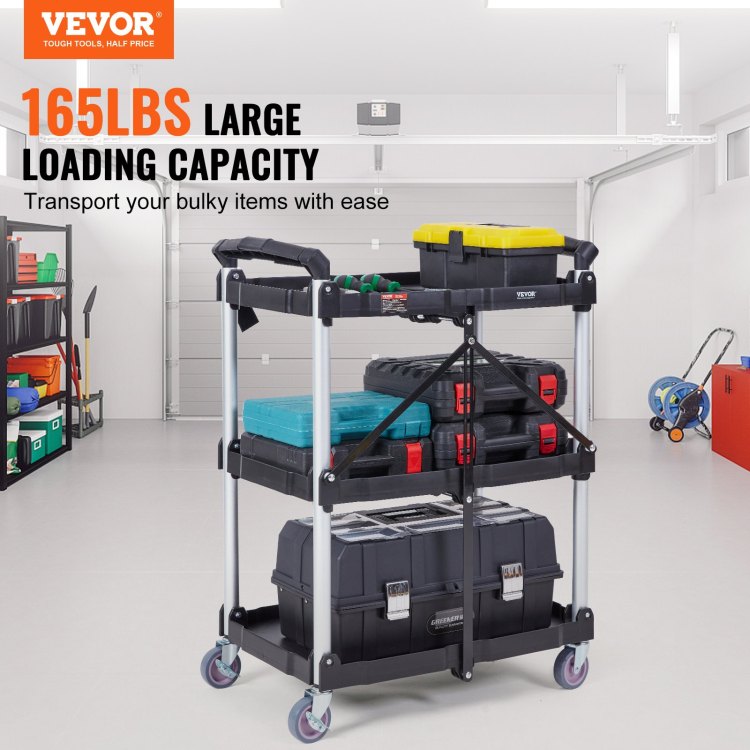 Foldable Utility Service Cart, 3 Shelf 165Lbs Heavy Duty Plastic Rolling Cart With Lockable Wheels, Ergonomic Handle, Portable Garage Tool Cart For Warehouse Office Home 25.62"X15.43"X32.76"