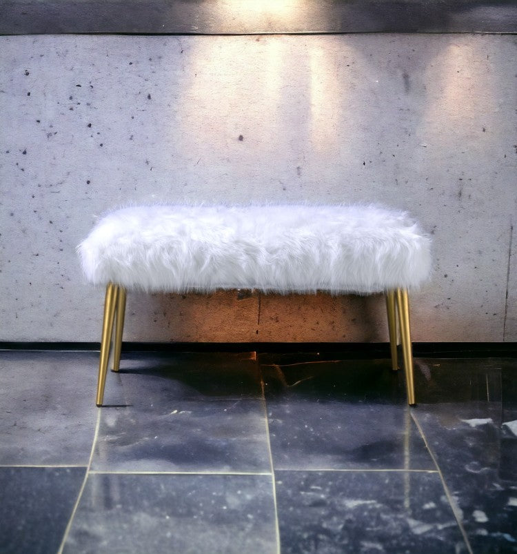 Bagley Ii White Faux Fur & Gold Finish Bench