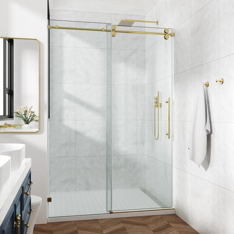 60*76"Fixed & Sliding Shower Door, Round Tube Hardware, Clear Glass Shower Door, 3 8 10Mm Sgcc Tempered Glass, Stainless Steel