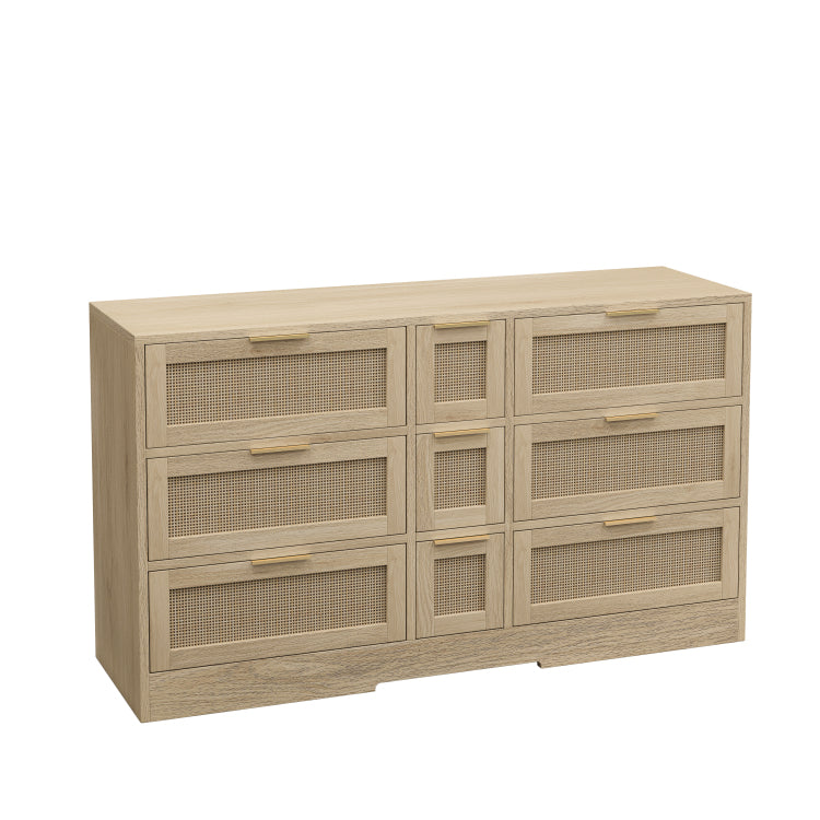 51.2 "Rattan Locker With Drawers, 9 Drawers, Metal Handles For Kitchen, Living Room, Bedroom Natural