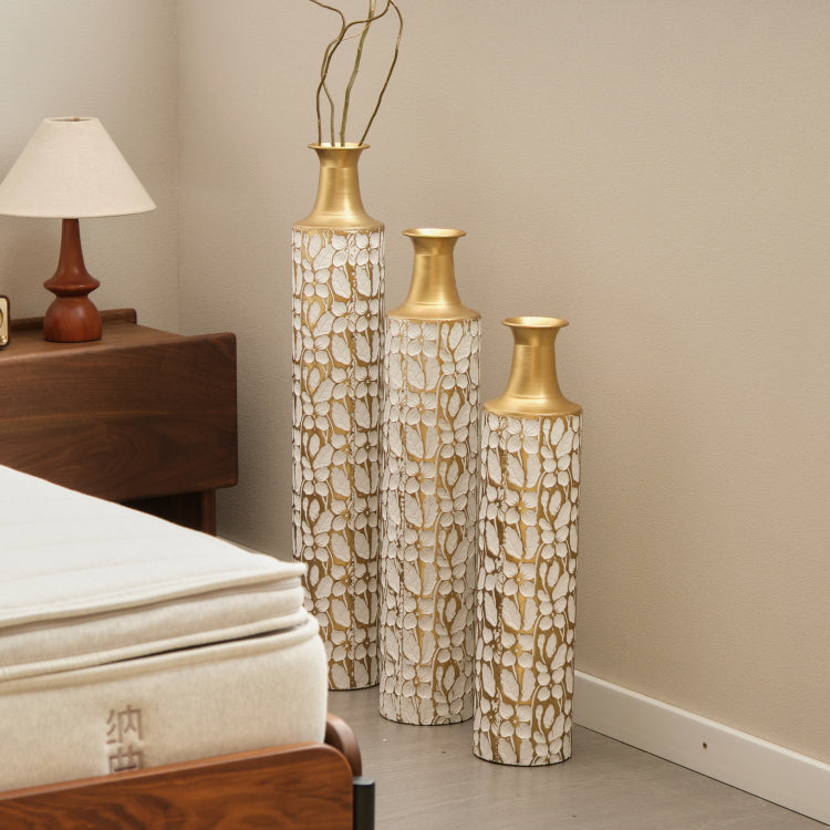 Decorative Metal Vases Set Of 3, 24 28 32.3 Inch Gold Leaf Pattern Floor Vases, White & Gold Tall Vases For Home Decor, Living Room Entryway Decor 5.31In Base Width