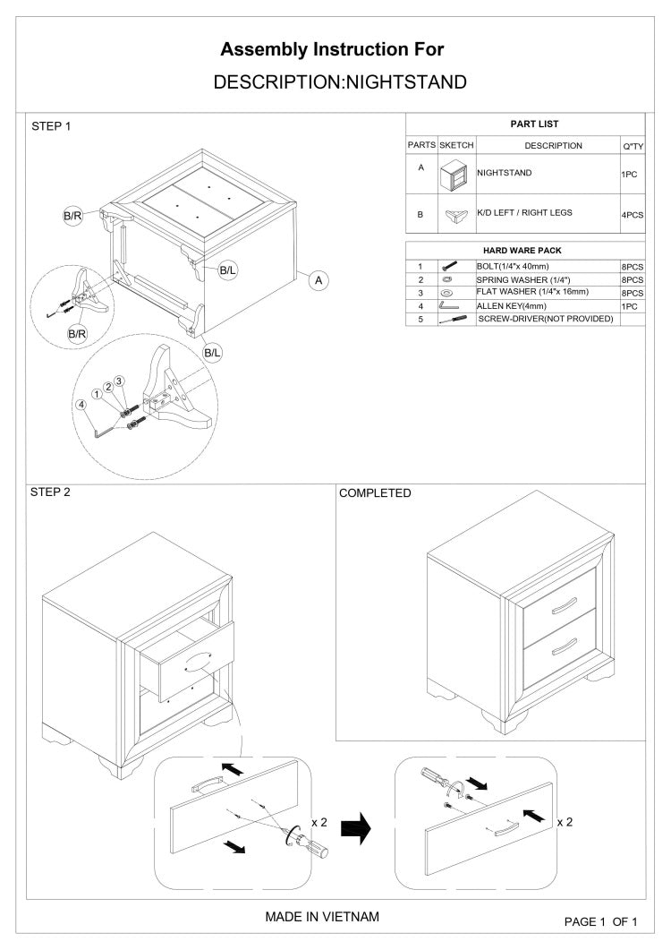 Modern 1Pc Nightstand Wooden Bedside Table 2 Drawers Bedroom Furniture