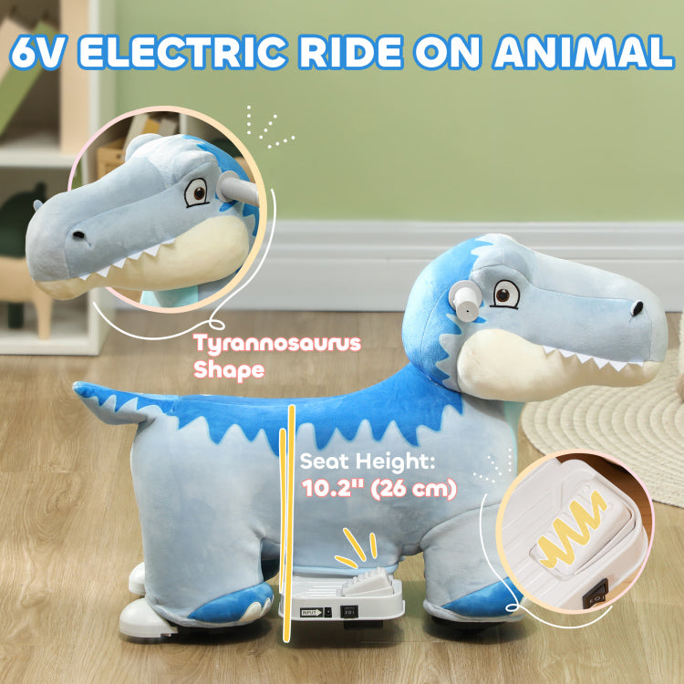 Qaba 6V Kids Electric Ride On Animal, Battery Powered Tyrannosaurus Ride On Toy, With Music Forward, Pu Wheels, Foot Pedal, For Girls Boys Aged 18 36 Months, Blue
