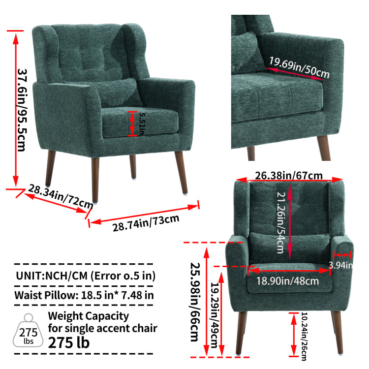 Modern Accent Chair,Chenille Arm Chairs For Living Room,Upholstered Mordern Armchair,Comfy Soft Padded Lounge Chair In Small Space, Bedroom, W Pillow, Solid Wood Leg Blackish Green