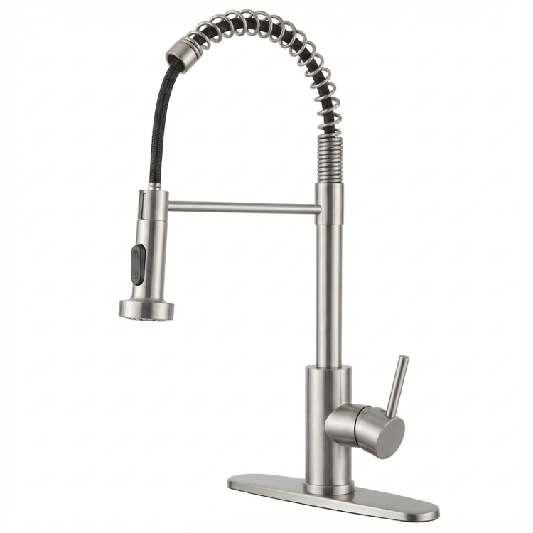 Kitchen Faucet With Pull Down Sprayer Industrial 1 Handle 1 Hole Or 3 Hole Faucet For Farmhouse Camper Laundry Utility Rv Wet Bar Sinks, Stainless Steel, Brushed Nickel