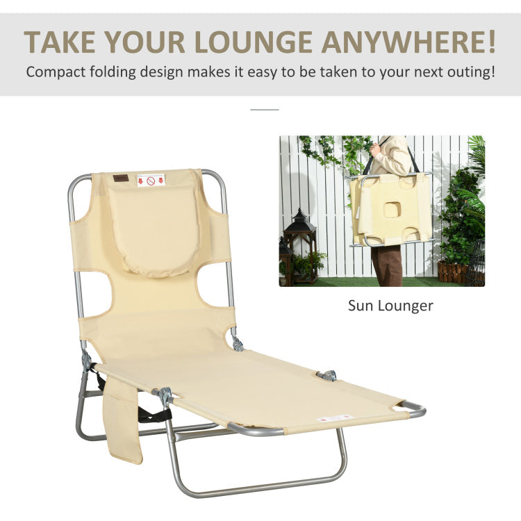 Outsunny Folding Beach Lounge Chair With Face Hole And Arm Slots, 5 Level Adjustable Sun Lounger Tanning Chair With Pillow For Patio, Garden, Beach, Pool, Beige