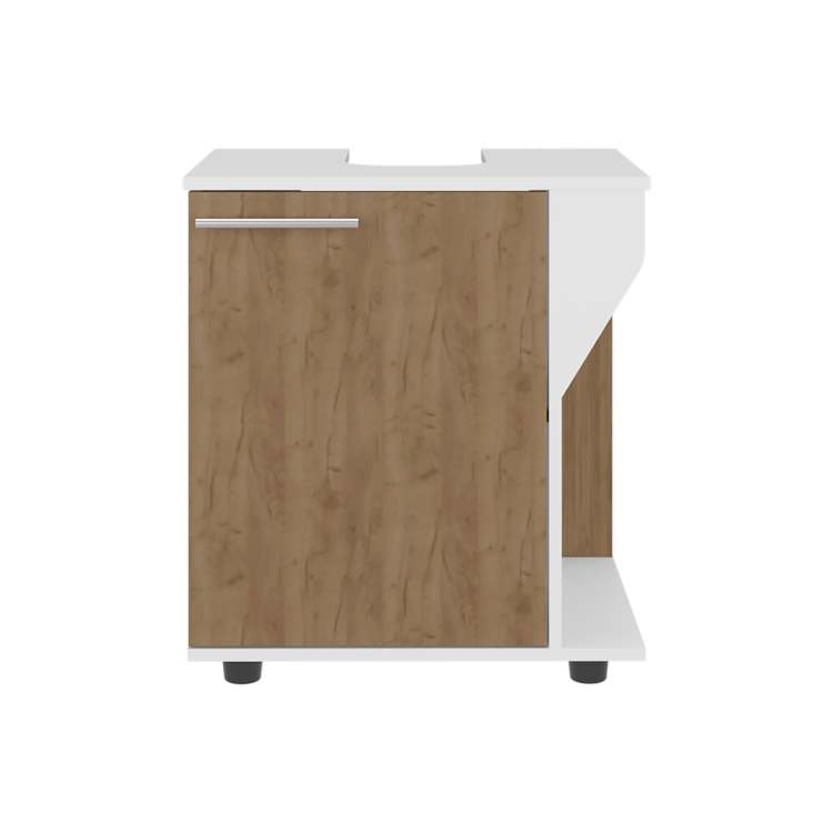 White And Natural Oak Under Sink With Storage Cabinet And Pedestal Sink