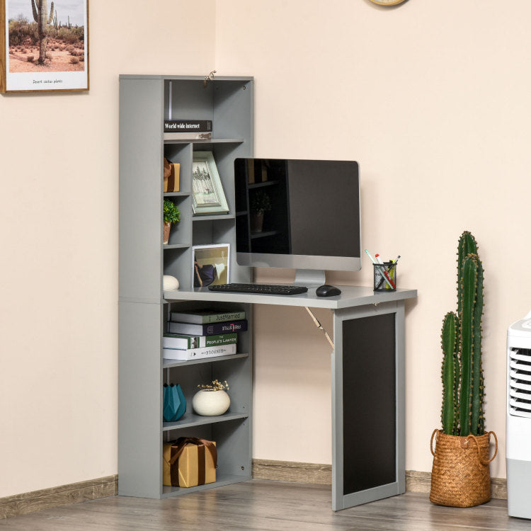 Homcom Fold Out Convertible Writing Table Wall Mount Desk Cabinet With Blackboard And Side Shelf Multi Function Home Office Workstation, Grey
