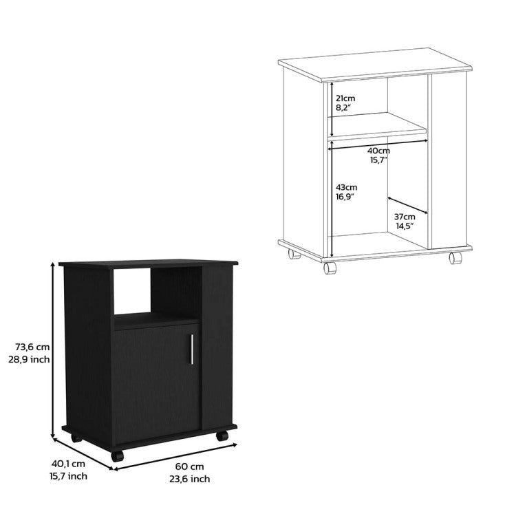 Lower Microwave Pantry 29" H, Single Door Cabinet, One Open Shelf, Three Side Shelves, Black