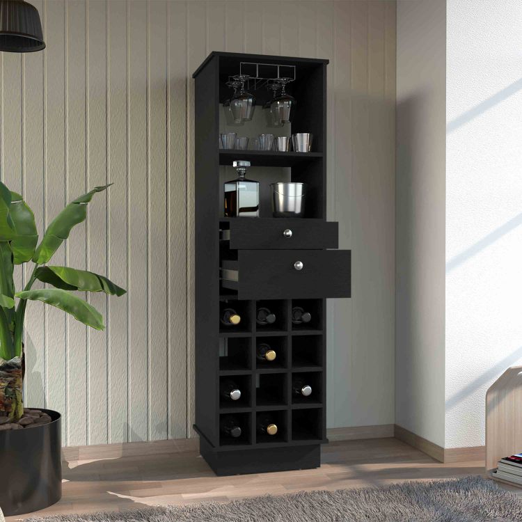 Classic Bar Cabinet, Two Drawers, Twelve Built In Wine Rack Black