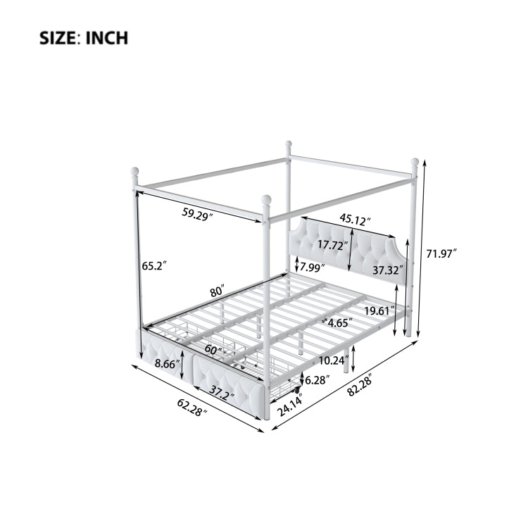 Queen Size Metal Canopy Platform Bed With Upholstered Headboard And Two Storage Drawers, White