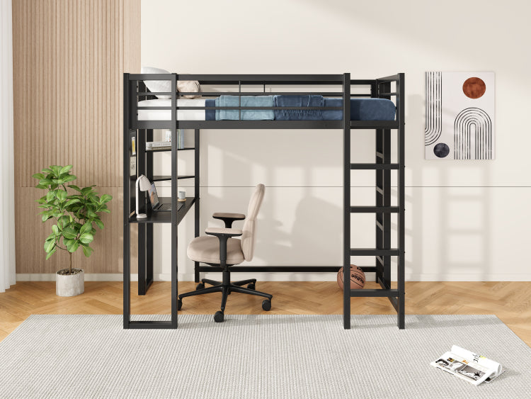 Loft Bed With Desk, Metal Loft Bed Twin Size, Loft Bed Frame With Desk And Storage Compatible With Boys Girls Teens, Black Bedroom Bed Frame