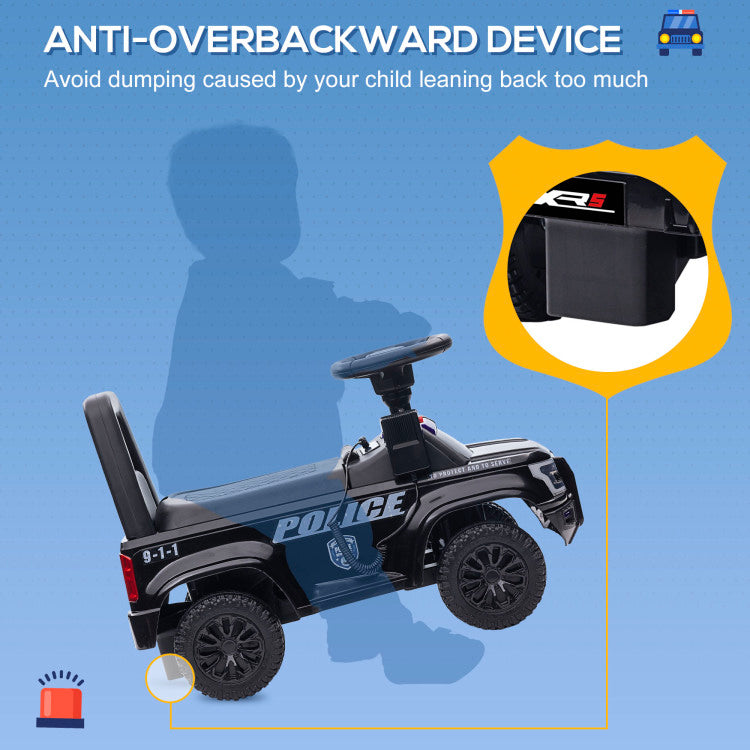 Aosom Kids Push Ride On Car With Working Pa System And Horn, Police Truck Style Foot To Floor Sliding Car For Boys And Girls With Under Seat Storage, For 18 Months To 5 Years Old, Black