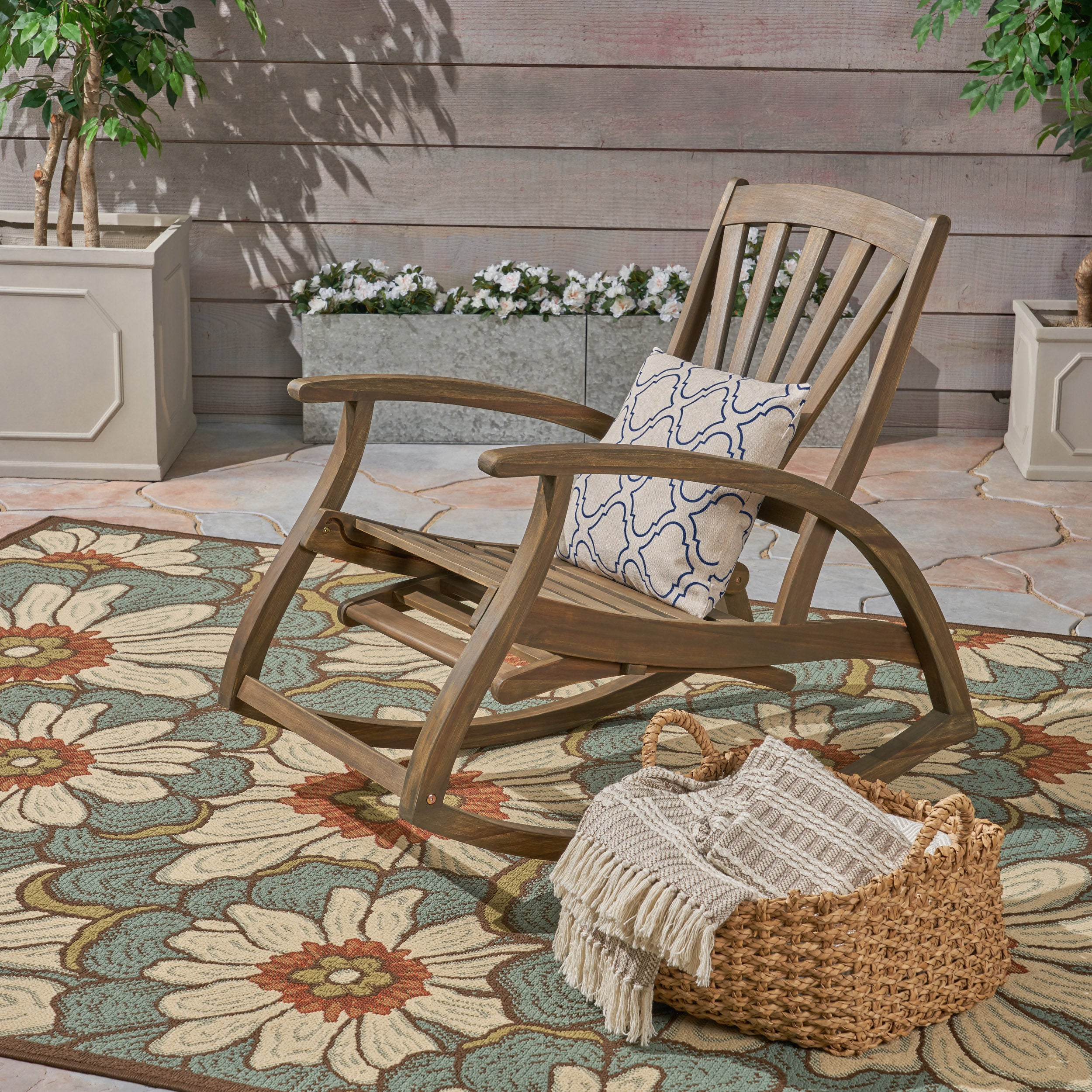 Outdoor Acacia wood Rocking Chair with Retractable grey - wood