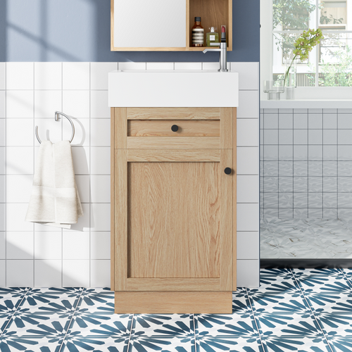 18.5" Bathroom Vanity With Reversible Resin Sink, Mdf Cabinet With Adjustable Shelf And Elegant Zinc Alloy Handles, Wood Grain Melamine Finish, Reversible Door, Rustic Style For Small Spaces