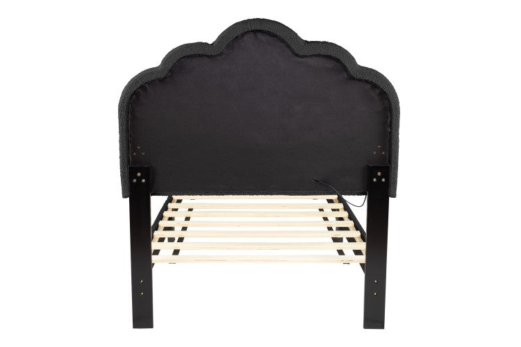 Luxurious Style Twin Size Bed Charcoal Wool Fabric Floral Design Headboard W Led Fully Upholstered Platform Bedroom Furniture