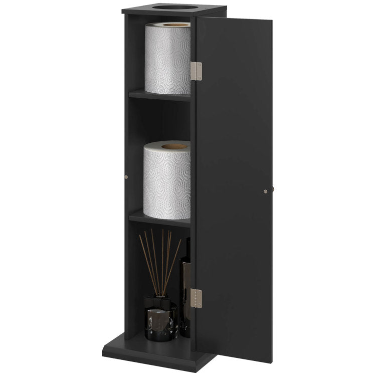 Homcom Toilet Paper Cabinet, Small Bathroom Corner Floor Cabinet With Doors And Shelves, Thin Storage Bathroom Organizer For Paper Shampoo, Black
