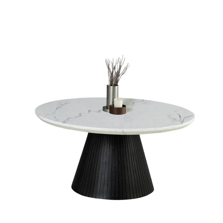 Contemporary Style Round Cocktail Table Faux Marble Top Reeded Drum Base Black Finish Primary Living Room