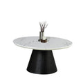 Contemporary Style Round Cocktail Table Faux Marble Top Reeded Drum Base Black Finish Primary Living Room