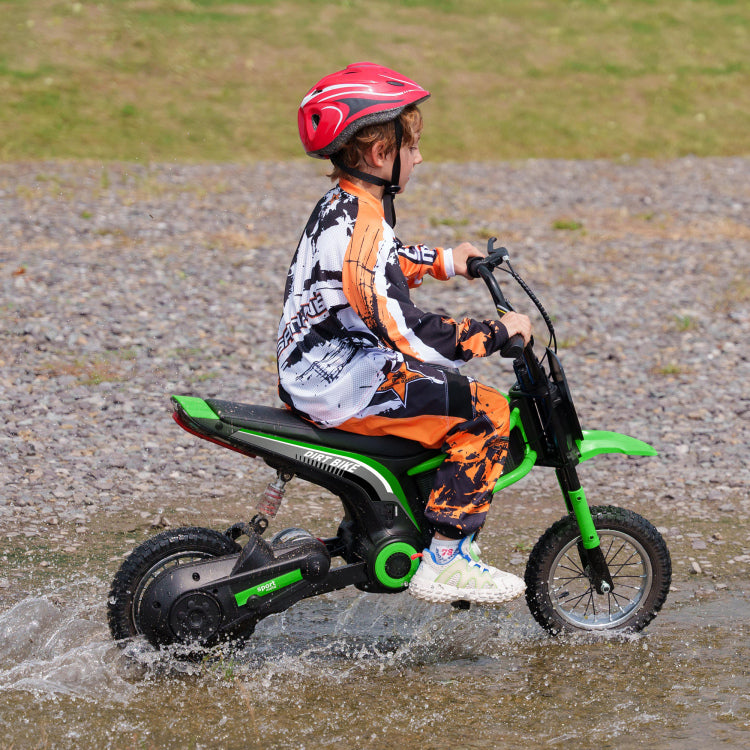 Aosom Electric Dirt Bike With Twist Grip Throttle, 24V 350W Off Road Electric Motorcycle, Up To 15 Mph With Brake, Music Horn, Rear Suspension For Ages 13 Years, Green