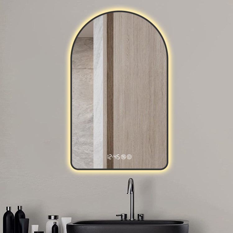 28"X48"Arched Led Mirror For Bathroom,Time And Temperature Display, Backlight, Anti Fog, Dimmable, With Three Color Temperatures Modern Vanity Light Mirror, Perfect For Over Sink,Black Frame