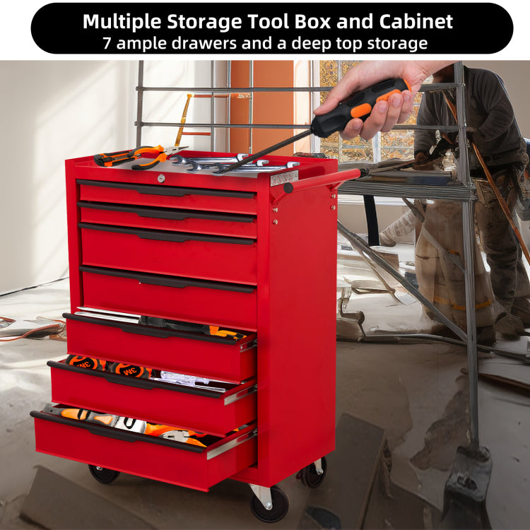 7 Drawer Rolling Tool Chest Cabinet, Large Capacity Metal Tool Box With Wheels And Cylinder Locking, Roll Around Storage Organizer Tool Cart For Garage, Warehouse, Work Shop Red