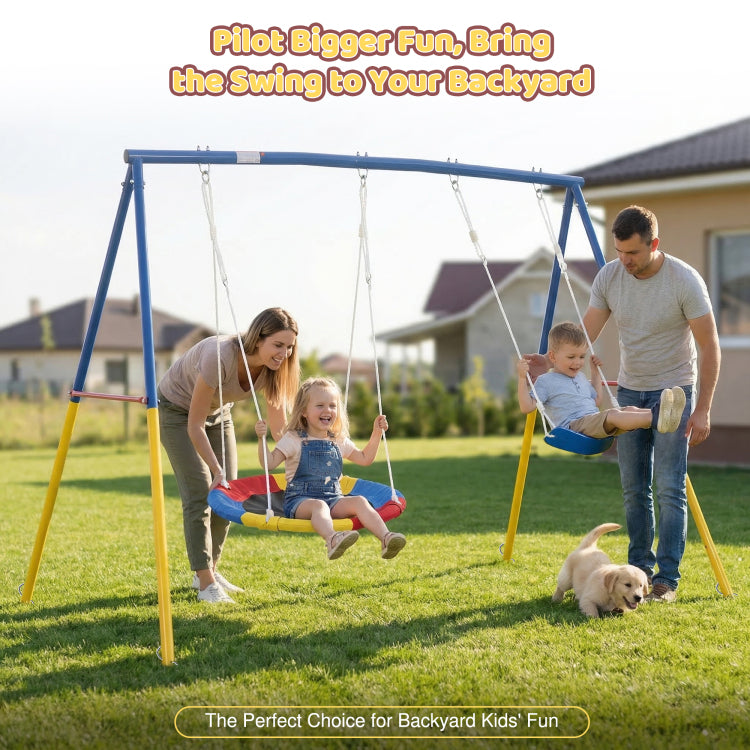 Swing Set For Backyard, 330Lbs Swing Set With Heavy Duty A Frame Metal Outdoor Swing Stand, 1 Saucer Swing Seat & 1 Belt Swings Seat