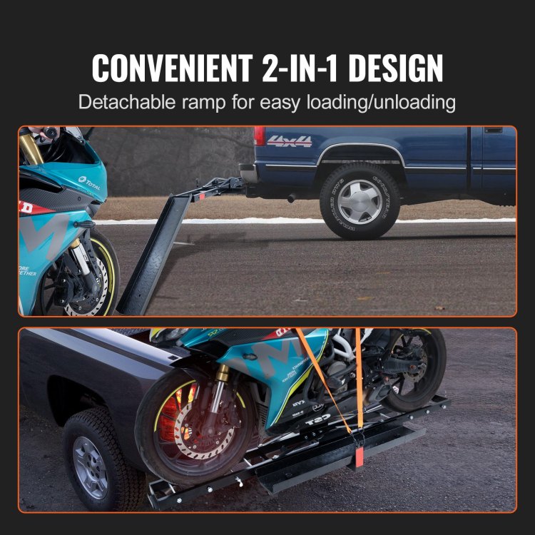 Motorcycle Carrier, 600 Lbs Steel Motorcycle Carrier Hitch Mount With Loading Ramp, Scooter Dirt Bike Trailer Hauler With Ratchet Straps And Stabilizer, For Car, Truck With 2" Hitch Receiver